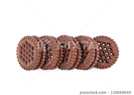 Round chocolate sandwich cookie with white cream filling isolated on white background 138080649