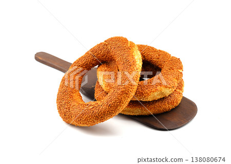 Turkish traditional bagel / simit with sesame on white background, turkish breakfast pastry concept 138080674