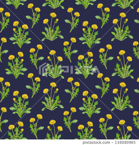 Dandelions seamless pattern on dark background. Hand drawn watercolor illustration. Springtime blooming countryside wildflowers seamless pattern. Dandelion flowers elegant decoration element Dandelions seamless pattern on dark background. Hand drawn watercolor illustration. Springtime blooming countryside wildflowers seamless pattern. Dandelion flowers elegant decoration element 138080965