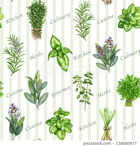 Watercolor seamless pattern with thyme, lemongrass, sage, rosemary, marjoram, basil. Hand drawn culinary herbs botanical illustration spice plants background for kitchen, packaging and textile design Watercolor seamless pattern with thyme, lemongrass, sage, rosemary, marjoram, basil. Hand drawn culinary herbs botanical illustration spice plants background for kitchen, packaging and textile design 138080977