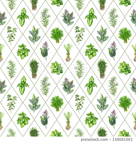Watercolor seamless pattern with thyme, lemongrass, sage, rosemary, marjoram and basil. Hand drawn culinary herbs botanical illustration spice plants background for kitchen, packaging, textile design Watercolor seamless pattern with thyme, lemongrass, sage, rosemary, marjoram and basil. Hand drawn culinary herbs botanical illustration spice plants background for kitchen, packaging, textile design 138081001