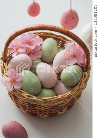 Easter Basket with Ester Eggs, Plush Bunny and Spring Decor on White Table intoCozy Living Room Easter Basket with Ester Eggs, Plush Bunny and Spring Decor on White Table intoCozy Living Room 138081105