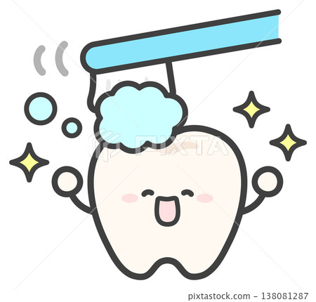 An illustration of teeth being brushed with a light blue toothbrush and toothpaste. An illustration of teeth being brushed with a light blue toothbrush and toothpaste. 138081287