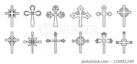 Christian cross black line icon set. Monochrome outline decorative sign collection, isolated religious symbols, elegant and stylish various cliparts 138081289