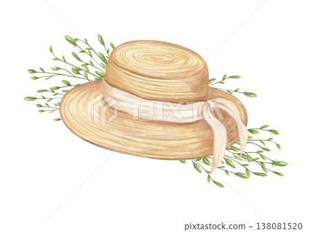 watercolor straw hat and green herb bouquet illustration on isolated background. Sunhat woven feminine accessory decorated with beige ribbon. For travel blog, summer decor, garden party invitation watercolor straw hat and green herb bouquet illustration on isolated background. Sunhat woven feminine accessory decorated with beige ribbon. For travel blog, summer decor, garden party invitation 138081520