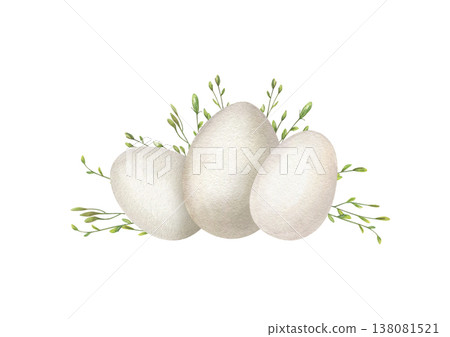 Three white eggs among green grasses and spikelet watercolor composition on isolated background, Hand painted Easter composition for spring decor, farm to table design, organic food packaging 138081521