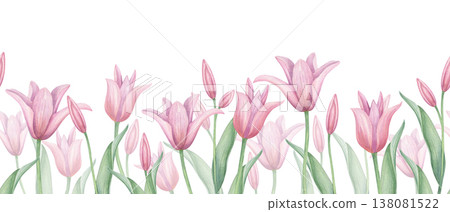 Pink tulip flowers seamless watercolor pattern on isolated background. Spring blooming tulips on stems with buds and green leaves repeat pattern for fabric and textile printing, wrapping paper Pink tulip flowers seamless watercolor pattern on isolated background. Spring blooming tulips on stems with buds and green leaves repeat pattern for fabric and textile printing, wrapping paper 138081522