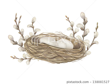 Rustic nest with white eggs and willow branches with fluffy catkins watercolor illustration on isolated background. Spring composition for Easter greeting card, farmhouse decor, botanical stationery Rustic nest with white eggs and willow branches with fluffy catkins watercolor illustration on isolated background. Spring composition for Easter greeting card, farmhouse decor, botanical stationery 138081527