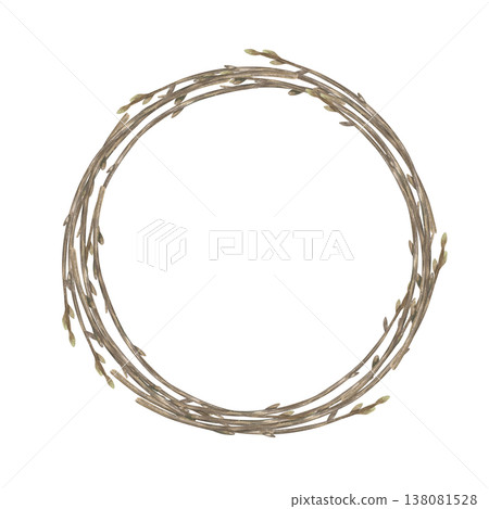 Intertwined brown twigs with swollen buds watercolor circular wreath on isolated background. Branches frame for spring greeting cards, winter invitations, seasonal decor, botanical stationery 138081528