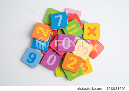 Number wood block cubes for learning Mathematic, education math. 138081601