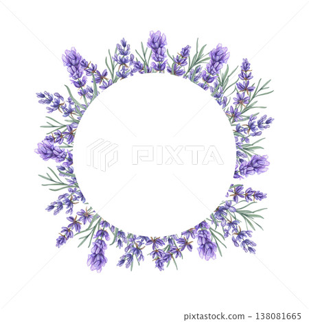 Watercolor Lavender flowers border on isolated background. Purple flowering branches frame with circle copy space for text. Floral template for wedding invitations, spa and wellness label 138081665