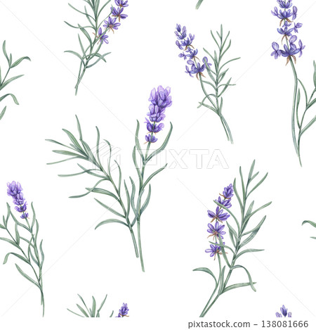 Watercolor lavender branches with purple blooms and green leaves seamless pattern on isolated background. Aromatic purple flowers ornate for fabric and textile design, wallpaper, wrapping paper Watercolor lavender branches with purple blooms and green leaves seamless pattern on isolated background. Aromatic purple flowers ornate for fabric and textile design, wallpaper, wrapping paper 138081666