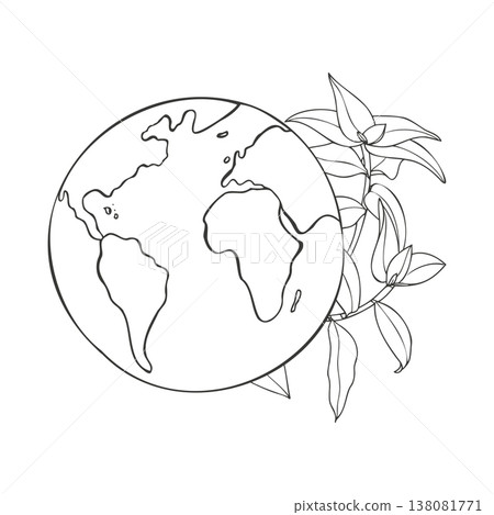 Earth planet and tropical leaves vector monochrome illustration. Globe with flowers and tradescantia plant symbolizing preservation of nature, greening and clean air. Ecological concept Earth planet and tropical leaves vector monochrome illustration. Globe with flowers and tradescantia plant symbolizing preservation of nature, greening and clean air. Ecological concept 138081771