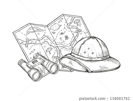 Hand drawn tourist map, pair of binoculars and child safari hat vector isolated illustration. Map with natural terrain, marked bird habitats etching drawing. Wildlife exploration and family adventure 138081781