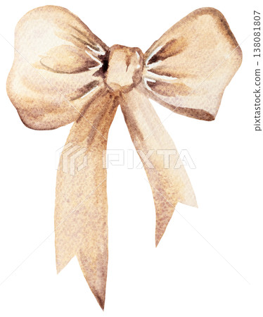 Watercolor beige ribbon bow illustration with flowing tails. Hand painted isolated element Watercolor beige ribbon bow illustration with flowing tails. Hand painted isolated element 138081807