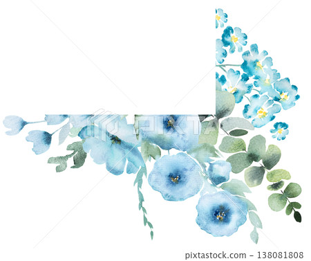 Watercolor floral corner frame with turquoise flowers, botanical element for wedding stationery 138081808