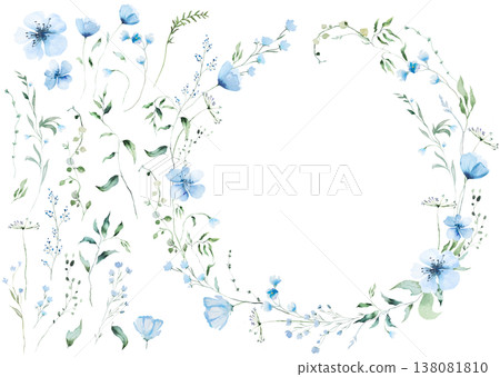 Round floral wreath clipart with blue watercolor wildflowers and leaves, hand drawn wedding illustration 138081810