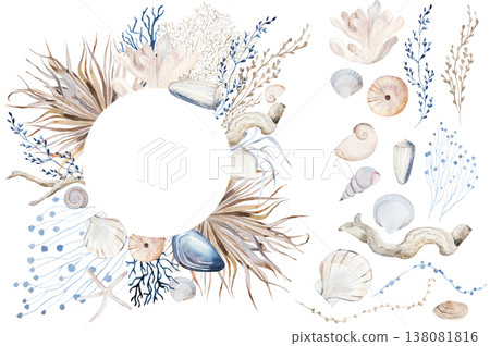 Watercolor round frame with seashells and dried palm leaves, boho wedding stationery illustration Watercolor round frame with seashells and dried palm leaves, boho wedding stationery illustration 138081816