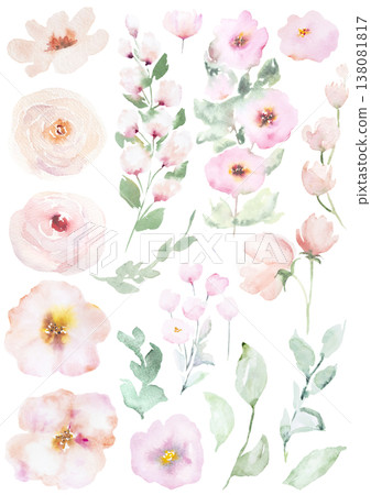 Watercolor light pink flowers and leaves clipart, isolated illustration, pastel wedding elements Watercolor light pink flowers and leaves clipart, isolated illustration, pastel wedding elements 138081817