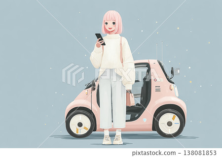 Emi Series: Illustration of a young woman with pink hair checking her smartphone in front of a single-seater electric vehicle. 138081853