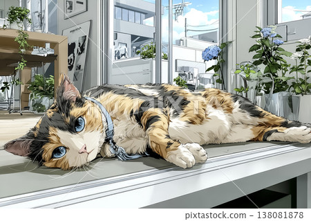 An illustration of a calico cat lying by a window | An image of a house cat relaxing in a bright room. 138081878
