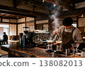 A barista preparing coffee at a traditional Japanese house cafe. 138082013