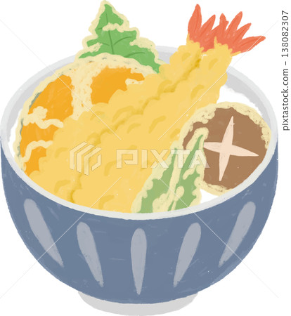 A hand-drawn style illustration of a delicious-looking tempura rice bowl. 138082307