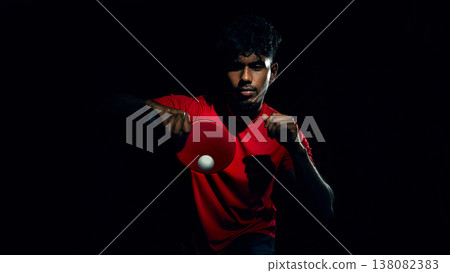 Table tennis player hitting ball mid air with strong motion in dark studio. Table tennis player hitting ball mid air with strong motion in dark studio. 138082383