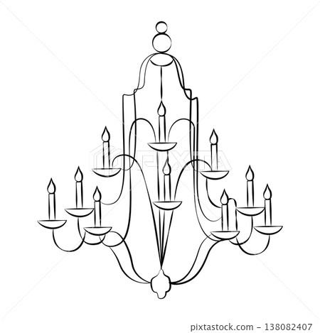 Hand-drawn wedding decor chandelier in classic rococo style in line art ink style Hand-drawn wedding decor chandelier in classic rococo style in line art ink style 138082407