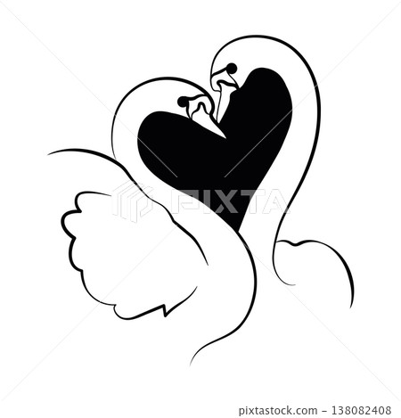Hand-drawn romantic swans love illustrations with heart for wedding decor or invitations or cards in modern line art style Hand-drawn romantic swans love illustrations with heart for wedding decor or invitations or cards in modern line art style 138082408