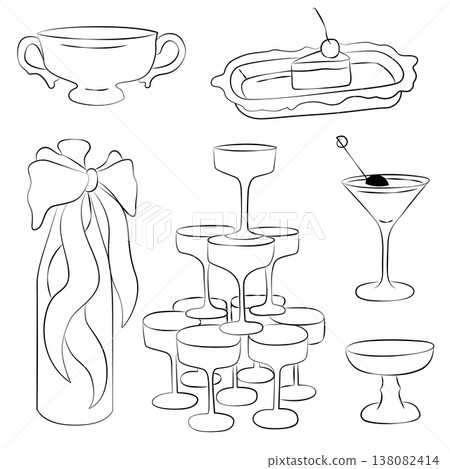 Hand-drawn wedding party decor elements, food and drinks, cocktail glasses, a piece of wedding cake, champagne bottle with a bow 138082414
