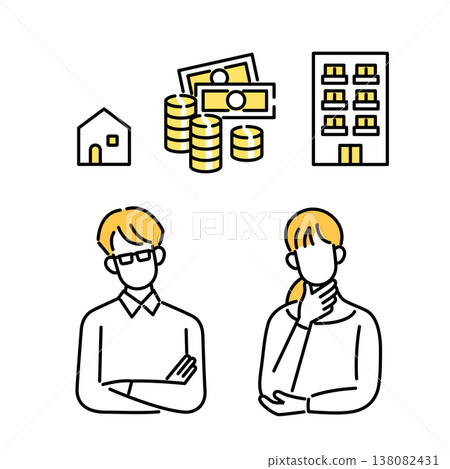 An illustration of a couple struggling with the decision of buying a house or investing in real estate. 138082431