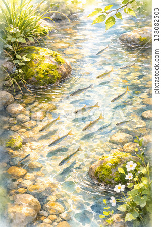 Small Stream Series: Scenes of small fish swimming leisurely in shallow waters 138082503