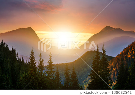 Sunset landscape with high peaks and foggy valley with autumn spruce forest under vibrant colorful evening sky in rocky mountains. 138082541