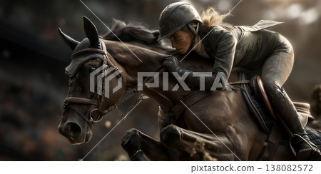 Female rider in protective gear accelerates over muddy hurdles with energetic force Female rider in protective gear accelerates over muddy hurdles with energetic force 138082572