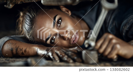 Woman mechanic examining engine in garage. Gritty garage scene with woman mechanic at work 138082602