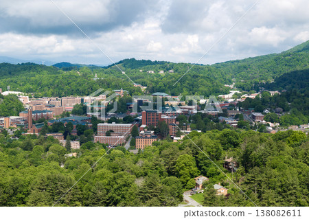 Small town America in Blue Ridge Mountains. Boone, North Carolina. Red brick architecture with narrow streets and historical buildings Appalachian Mountains. Popular tourist destination 138082611