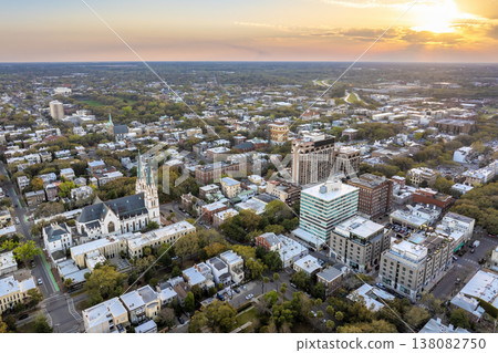 Panoramic cityscape with old historical architecture in Savannah, Georgia. Southern American architecture in evening Panoramic cityscape with old historical architecture in Savannah, Georgia. Southern American architecture in evening 138082750