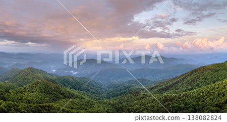Morning landscape of summer forest on Appalachian mountain hills in North Carolina. Summertime landscape of beautiful nature Morning landscape of summer forest on Appalachian mountain hills in North Carolina. Summertime landscape of beautiful nature 138082824