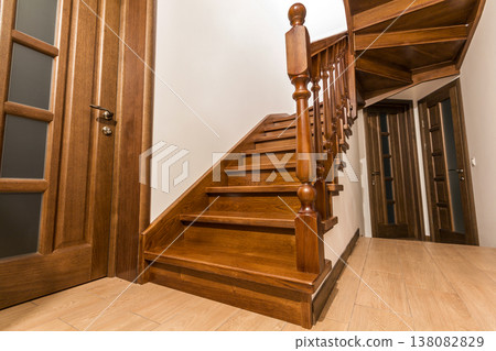Modern brown oak wooden stairs and doors in new renovated house interior Modern brown oak wooden stairs and doors in new renovated house interior 138082829