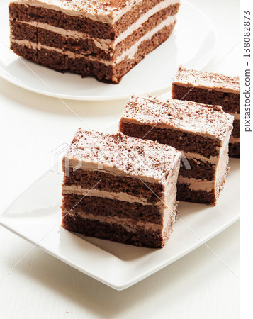 Traditional chocolate butter cocoa and condensed milk cream cake, homemade Prague cake dessert. Traditional chocolate butter cocoa and condensed milk cream cake, homemade Prague cake dessert. 138082873