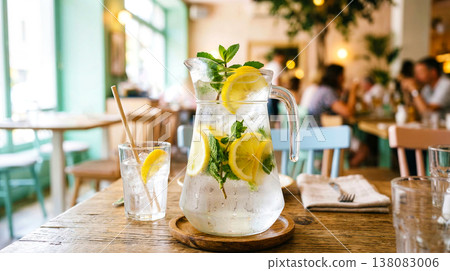 Frosted glass pitcher filled with fresh lemonade, lemon slices, mint, and ice served on wooden table in cozy restaurant. Concept of relaxed dining atmosphere, refreshing summer beverage service 138083006