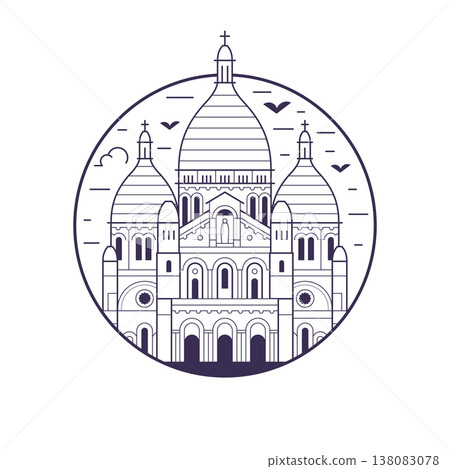 Paris landmark Sacre Coeur circle icon in line art 138083078