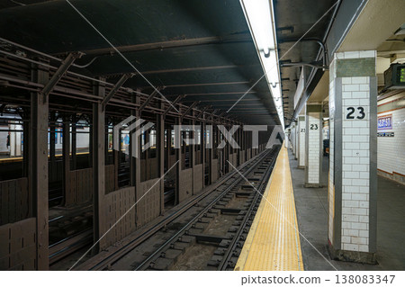 The 23 Street subway station platform stretches alongside underground tracks in Manhattan. White tiled columns and fluorescent lights illuminate the NYC metro transportation corridor. The 23 Street subway station platform stretches alongside underground tracks in Manhattan. White tiled columns and fluorescent lights illuminate the NYC metro transportation corridor. 138083347