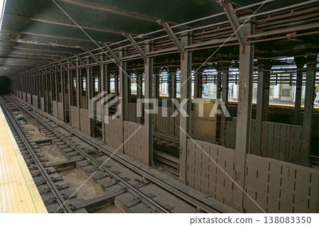 Subway tracks extend through an underground steel framework in New York City. The metro tunnel architecture highlights urban transportation infrastructure in Manhattan. Subway tracks extend through an underground steel framework in New York City. The metro tunnel architecture highlights urban transportation infrastructure in Manhattan. 138083350