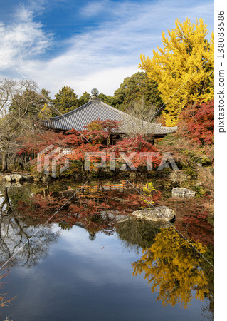 Daigo ji temple autumn foliage reflecting in pond Daigo ji temple autumn foliage reflecting in pond 138083586