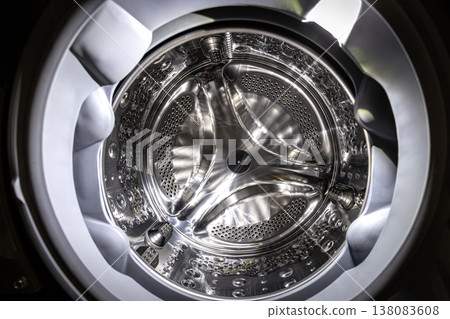 Stainless steel washing machine drum inside view Stainless steel washing machine drum inside view 138083608