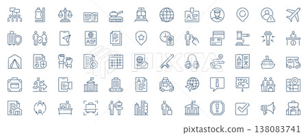 Refugees immigration web icons set in line stroke design. Outline pictogram pack of human rights, tickets, train, passport, police officer, control, location, migration, more. Vector illustration. 138083741
