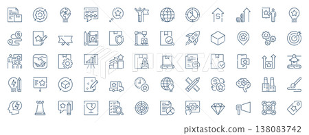 Product development web icons set in line stroke design. Outline pictogram pack of settings, optimization, solution, research process, testing, marketing, target, logistic, more. Vector illustration. 138083742