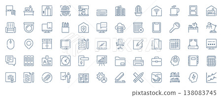 Office workspace web icons set in line stroke design. Outline pictogram pack of computer desk, employee, lift, finger scanner, keyboard, chair, stationery, productivity, more. Vector illustration. Office workspace web icons set in line stroke design. Outline pictogram pack of computer desk, employee, lift, finger scanner, keyboard, chair, stationery, productivity, more. Vector illustration. 138083745